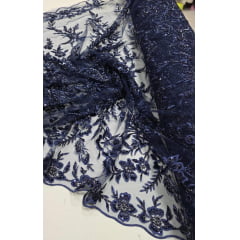 Tule Bordado com Pedrarias Azul Marinho Modelo ST933 Tule Bordado com Pedrarias Azul Marinho Modelo ST933