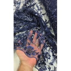 Tule Bordado com Pedrarias Azul Marinho Modelo ST933