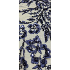 Tule Bordado com Pedrarias Azul Marinho Modelo ST933