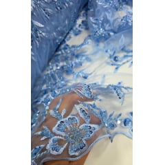 Tule Bordado com Pedrarias Azul Serenity Modelo ST933