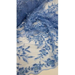 Tule Bordado com Pedrarias Azul Serenity Modelo ST933 Tule Bordado com Pedrarias Azul Serenity Modelo ST933