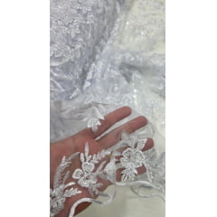 Tule Bordado com Pedrarias Branco Modelo ST933