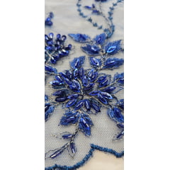 Tule Bordado com Pedrarias Coreano Azul Royal com Fio Metálico