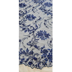 Tule Bordado com Pedrarias Coreano Azul Royal com Fio Metálico