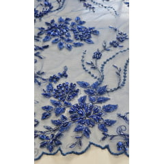 Tule Bordado com Pedrarias Coreano Azul Royal com Fio Metálico