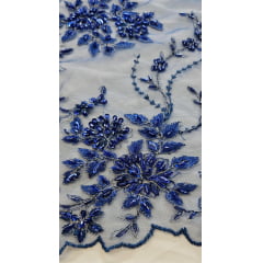 Tule Bordado com Pedrarias Coreano Azul Royal com Fio Metálico