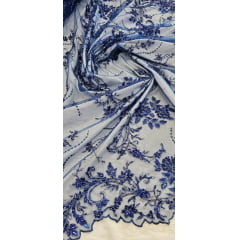 Tule Bordado com Pedrarias Coreano Azul Royal com Fio Metálico