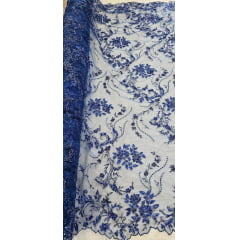 Tule Bordado com Pedrarias Coreano Azul Royal com Fio Metálico