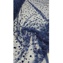 Tule Bordado com Pedrarias Diamond Azul Marinho