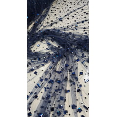 Tule Bordado com Pedrarias Diamond Azul Marinho