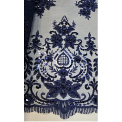 Tule Bordado com Pedrarias Dolce Azul Marinho