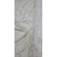 Tule Bordado com Pedrarias Dolce Branco