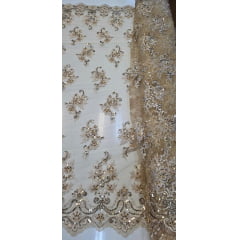 Tule Bordado com Pedrarias Dolce Dourado