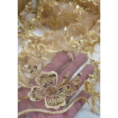 Tule Bordado com Pedrarias Dourado Modelo ST933
