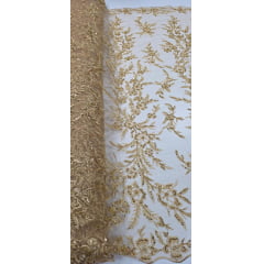 Tule Bordado com Pedrarias Dourado Modelo ST933