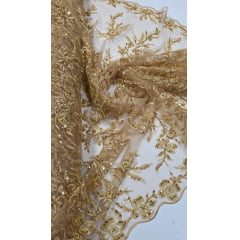 Tule Bordado com Pedrarias Dourado Modelo ST933 Tule Bordado com Pedrarias Dourado Modelo ST933