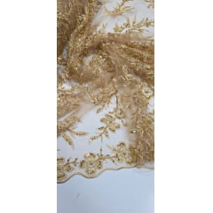 Tule Bordado com Pedrarias Dourado Modelo ST933