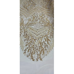 Tule Bordado com Pedrarias Dourado Multicolor  HS2793