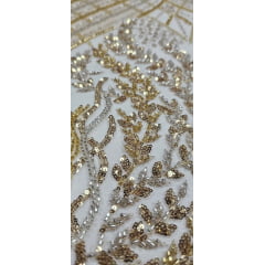 Tule Bordado com Pedrarias Dourado Multicolor  HS2793