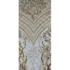 Tule Bordado com Pedrarias Dourado Multicolor  HS2793