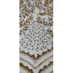 Tule Bordado com Pedrarias Dourado Multicolor  HS2793