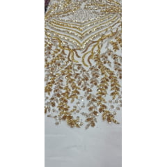 Tule Bordado com Pedrarias Dourado Multicolor  HS2793
