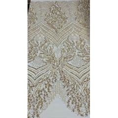 Tule Bordado com Pedrarias Dourado Multicolor  HS2793