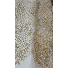 Tule Bordado com Pedrarias Dourado Multicolor  HS2793