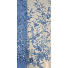Tule Bordado Com Pedrarias e Bordados em 3D Premium Azul Serenity GDT
