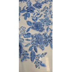 Tule Bordado Com Pedrarias e Bordados em 3D Premium Azul Serenity GDT