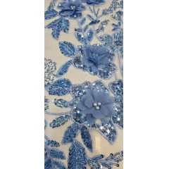 Tule Bordado Com Pedrarias e Bordados em 3D Premium Azul Serenity GDT