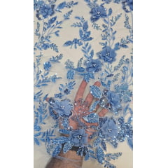 Tule Bordado Com Pedrarias e Bordados em 3D Premium Azul Serenity GDT