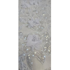 Tule Bordado Com Pedrarias e Bordados em 3D Premium Branco GDT