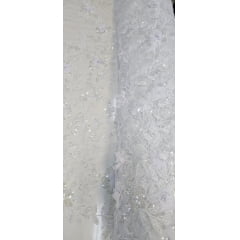 Tule Bordado Com Pedrarias e Bordados em 3D Premium Branco GDT