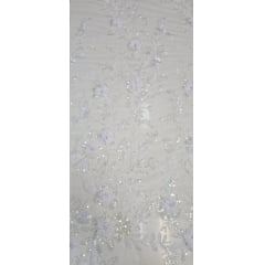 Tule Bordado Com Pedrarias e Bordados em 3D Premium Branco GDT