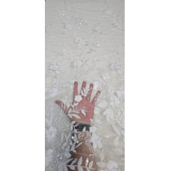 Tule Bordado Com Pedrarias e Bordados em 3D Premium Branco GDT