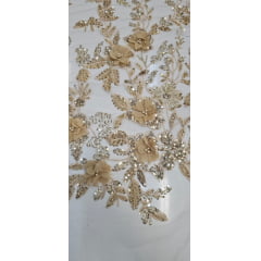 Tule Bordado Com Pedrarias e Bordados em 3D Premium Dourado GDT 