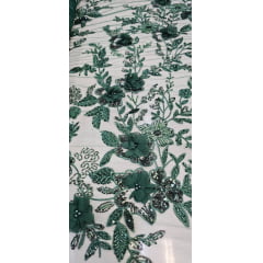 Tule Bordado Com Pedrarias e Bordados em 3D Premium Verde Floresta GDT  