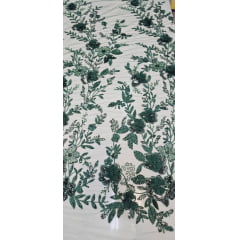 Tule Bordado Com Pedrarias e Bordados em 3D Premium Verde Floresta GDT  