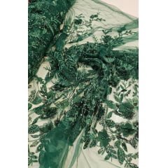 Tule Bordado Com Pedrarias e Bordados em 3D Premium Verde Floresta GDT  