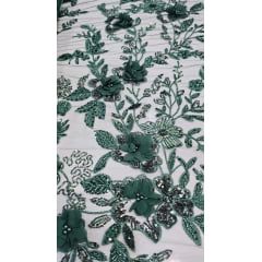Tule Bordado Com Pedrarias e Bordados em 3D Premium Verde Floresta GDT  