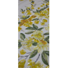 Tule Bordado com Pedrarias e Flores em 3D Jardim Encantado Amarelo