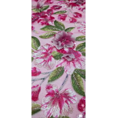 Tule Bordado com Pedrarias e Flores em 3D Jardim Encantado Pink