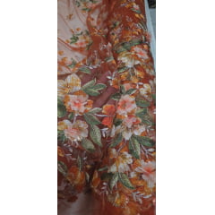 Tule Bordado com Pedrarias e Flores em 3D Jardim Encantado Terracota