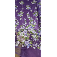 Tule Bordado com Pedrarias e Flores em 3D Jardim Encantado Uva