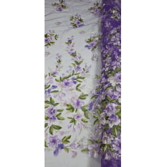 Tule Bordado com Pedrarias e Flores em 3D Jardim Encantado Uva