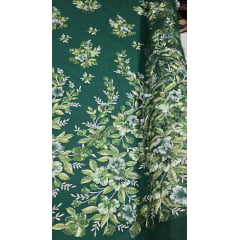 Tule Bordado com Pedrarias e Flores em 3D Jardim Encantado Verde