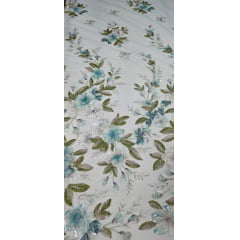 Tule Bordado com Pedrarias e Flores em 3D Jardim Encantado Verde Tiffany