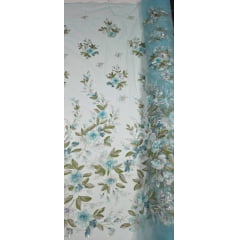 Tule Bordado com Pedrarias e Flores em 3D Jardim Encantado Verde Tiffany