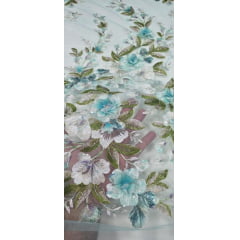 Tule Bordado com Pedrarias e Flores em 3D Jardim Encantado Verde Tiffany